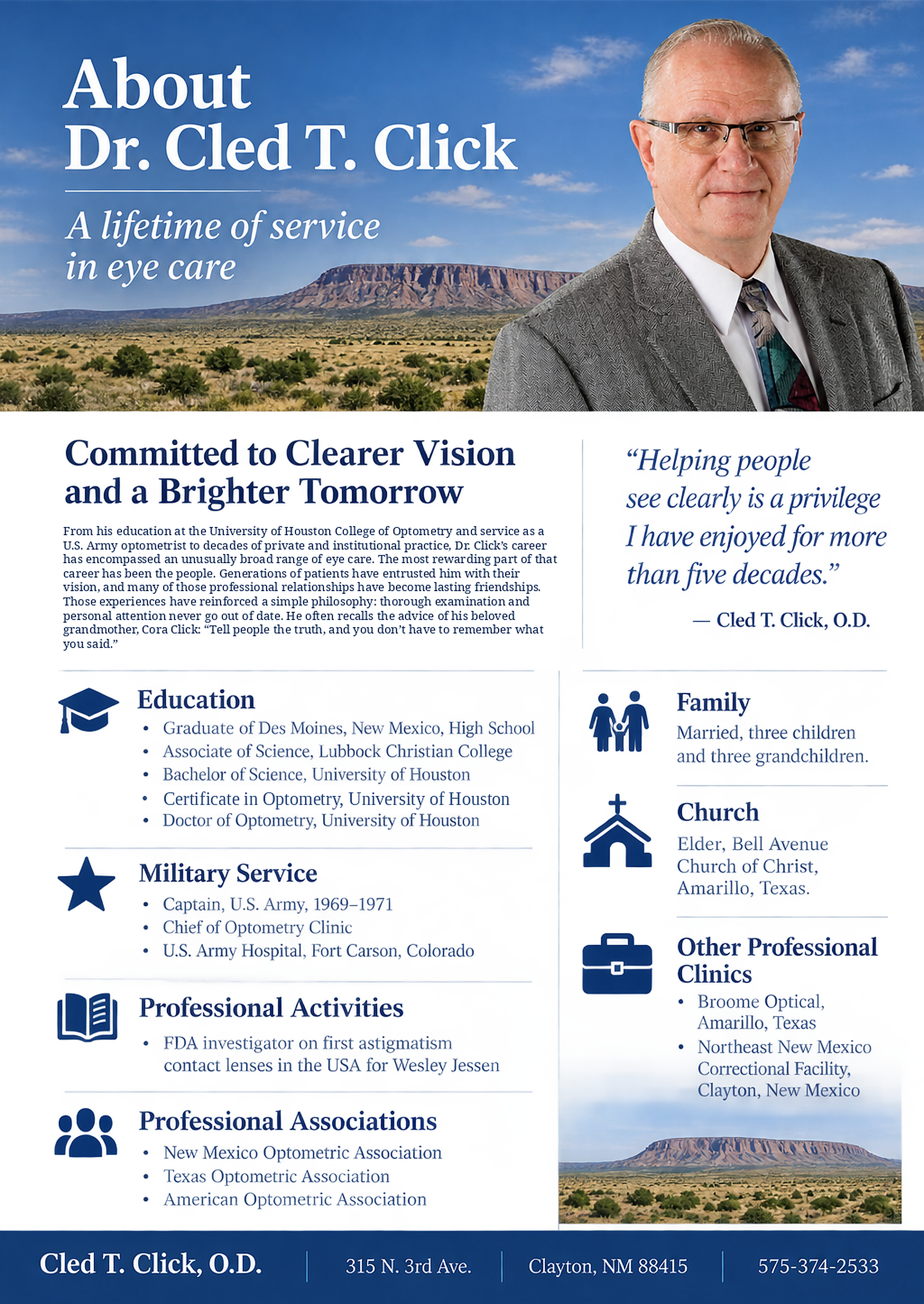 About Dr. Cled T. Click — a lifetime of service in eye care
